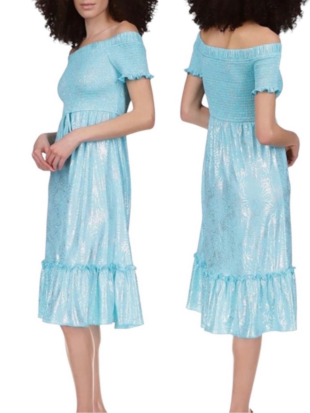 Michael Kors Womens Turquoise Smocked Ruffled Off Shoulder Dress Size PL